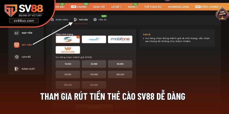 Tham gia rút tiền thẻ cào SV88 dễ dàng